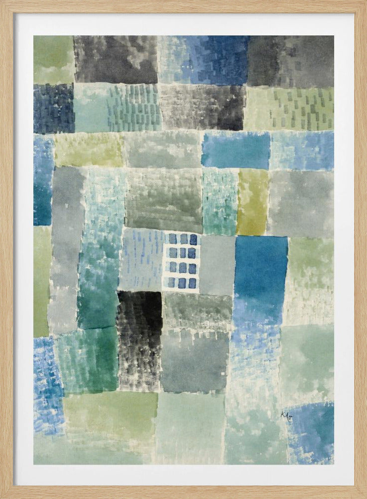 An abstract watercolor painting composed of a grid of rectangular patches in various shades of blue, green, and grey. The patches have a textured, layered appearance, and near the center is a small, distinct grid of blue squares resembling a window. The artist's signature is visible in the bottom right corner. Print