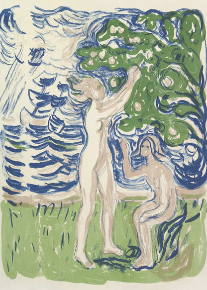 An expressionist woodcut print depicting two nude figures in a stylized natural setting. One figure stands, reaching up into a large green tree with fruit, while the other kneels on the ground. The background consists of a body of water with bold, blue, wavy lines. The artwork uses a limited color palette of blue, green, and pale flesh tones on a cream background. Wall Art