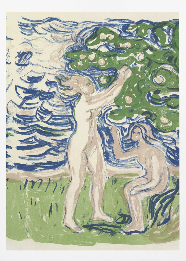 An expressionist woodcut print depicting two nude figures in a stylized natural setting. One figure stands, reaching up into a large green tree with fruit, while the other kneels on the ground. The background consists of a body of water with bold, blue, wavy lines. The artwork uses a limited color palette of blue, green, and pale flesh tones on a cream background. Wall Art