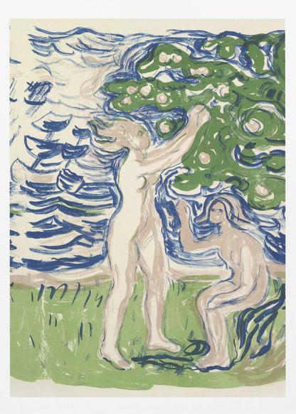 An expressionist woodcut print depicting two nude figures in a stylized natural setting. One figure stands, reaching up into a large green tree with fruit, while the other kneels on the ground. The background consists of a body of water with bold, blue, wavy lines. The artwork uses a limited color palette of blue, green, and pale flesh tones on a cream background. Wall Art