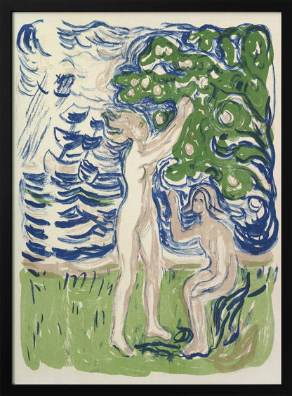 An expressionist woodcut print depicting two nude figures in a stylized natural setting. One figure stands, reaching up into a large green tree with fruit, while the other kneels on the ground. The background consists of a body of water with bold, blue, wavy lines. The artwork uses a limited color palette of blue, green, and pale flesh tones on a cream background. Wall Art