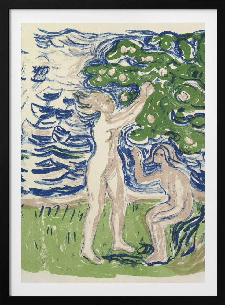 An expressionist woodcut print depicting two nude figures in a stylized natural setting. One figure stands, reaching up into a large green tree with fruit, while the other kneels on the ground. The background consists of a body of water with bold, blue, wavy lines. The artwork uses a limited color palette of blue, green, and pale flesh tones on a cream background. Wall Art