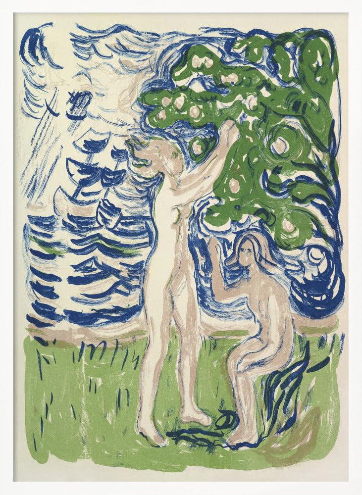 An expressionist woodcut print depicting two nude figures in a stylized natural setting. One figure stands, reaching up into a large green tree with fruit, while the other kneels on the ground. The background consists of a body of water with bold, blue, wavy lines. The artwork uses a limited color palette of blue, green, and pale flesh tones on a cream background. Wall Art