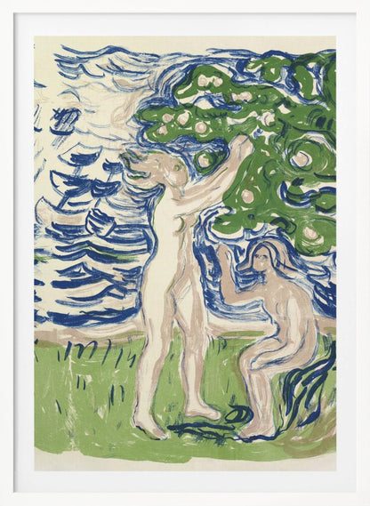 An expressionist woodcut print depicting two nude figures in a stylized natural setting. One figure stands, reaching up into a large green tree with fruit, while the other kneels on the ground. The background consists of a body of water with bold, blue, wavy lines. The artwork uses a limited color palette of blue, green, and pale flesh tones on a cream background. Wall Art