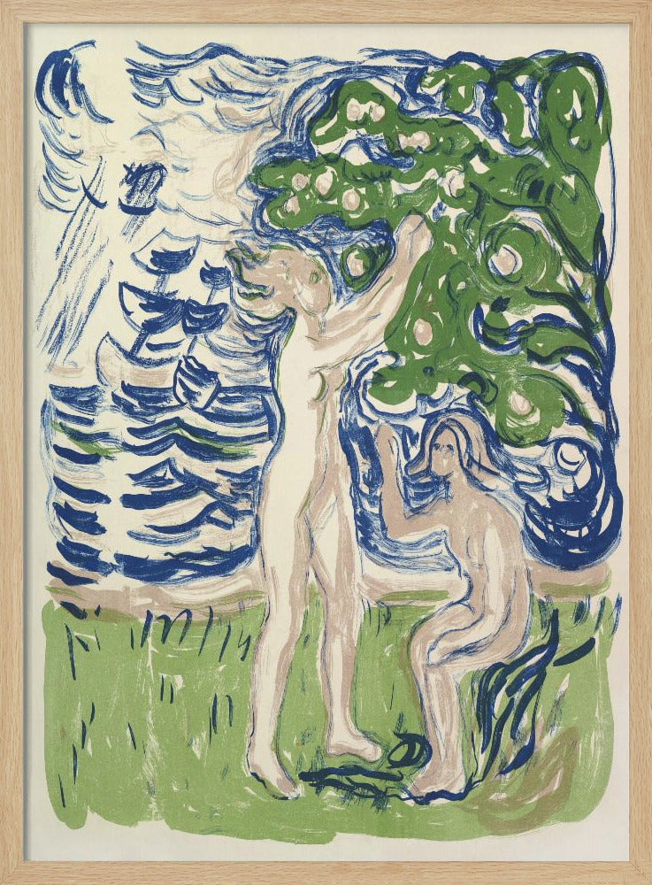 An expressionist woodcut print depicting two nude figures in a stylized natural setting. One figure stands, reaching up into a large green tree with fruit, while the other kneels on the ground. The background consists of a body of water with bold, blue, wavy lines. The artwork uses a limited color palette of blue, green, and pale flesh tones on a cream background. Wall Art