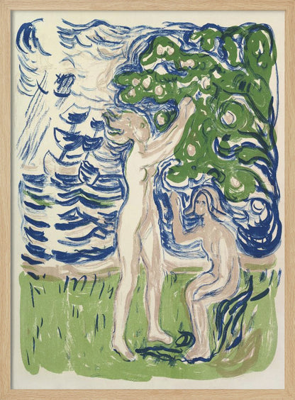 An expressionist woodcut print depicting two nude figures in a stylized natural setting. One figure stands, reaching up into a large green tree with fruit, while the other kneels on the ground. The background consists of a body of water with bold, blue, wavy lines. The artwork uses a limited color palette of blue, green, and pale flesh tones on a cream background. Wall Art