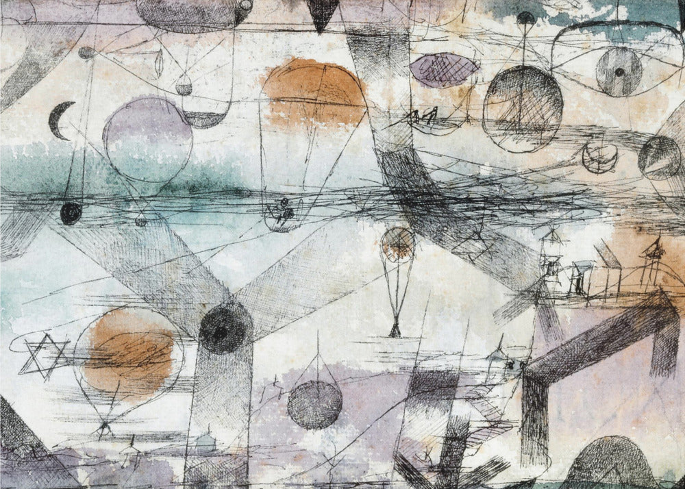 An abstract painting by Paul Klee featuring a complex composition of fine black lines, geometric shapes, and whimsical figures like balloons and boats. The background has subtle watercolor washes of pale orange, blue, and purple, creating a dreamlike and intricate scene within a silver frame. Artwork