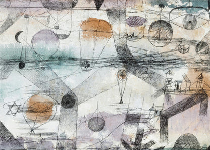 An abstract painting by Paul Klee featuring a complex composition of fine black lines, geometric shapes, and whimsical figures like balloons and boats. The background has subtle watercolor washes of pale orange, blue, and purple, creating a dreamlike and intricate scene within a silver frame. Artwork
