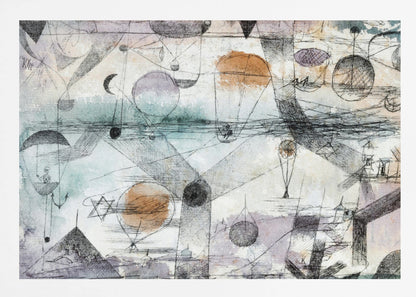 An abstract painting by Paul Klee featuring a complex composition of fine black lines, geometric shapes, and whimsical figures like balloons and boats. The background has subtle watercolor washes of pale orange, blue, and purple, creating a dreamlike and intricate scene within a silver frame. Artwork