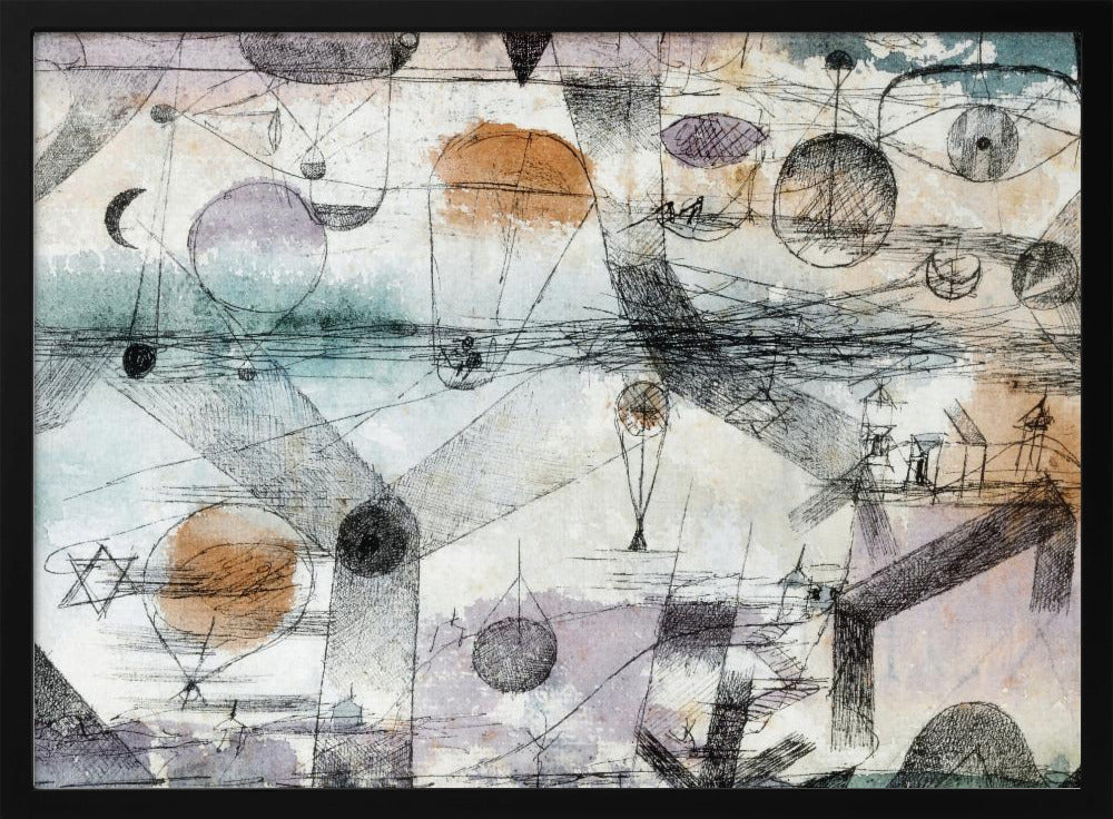 An abstract painting by Paul Klee featuring a complex composition of fine black lines, geometric shapes, and whimsical figures like balloons and boats. The background has subtle watercolor washes of pale orange, blue, and purple, creating a dreamlike and intricate scene within a silver frame. Artwork