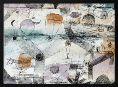 An abstract painting by Paul Klee featuring a complex composition of fine black lines, geometric shapes, and whimsical figures like balloons and boats. The background has subtle watercolor washes of pale orange, blue, and purple, creating a dreamlike and intricate scene within a silver frame. Artwork