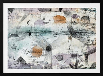 An abstract painting by Paul Klee featuring a complex composition of fine black lines, geometric shapes, and whimsical figures like balloons and boats. The background has subtle watercolor washes of pale orange, blue, and purple, creating a dreamlike and intricate scene within a silver frame. Artwork