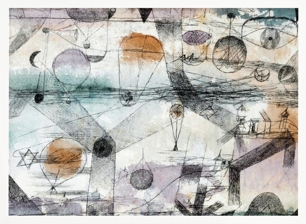 An abstract painting by Paul Klee featuring a complex composition of fine black lines, geometric shapes, and whimsical figures like balloons and boats. The background has subtle watercolor washes of pale orange, blue, and purple, creating a dreamlike and intricate scene within a silver frame. Artwork