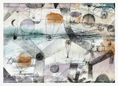An abstract painting by Paul Klee featuring a complex composition of fine black lines, geometric shapes, and whimsical figures like balloons and boats. The background has subtle watercolor washes of pale orange, blue, and purple, creating a dreamlike and intricate scene within a silver frame. Artwork