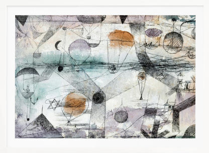 An abstract painting by Paul Klee featuring a complex composition of fine black lines, geometric shapes, and whimsical figures like balloons and boats. The background has subtle watercolor washes of pale orange, blue, and purple, creating a dreamlike and intricate scene within a silver frame. Artwork