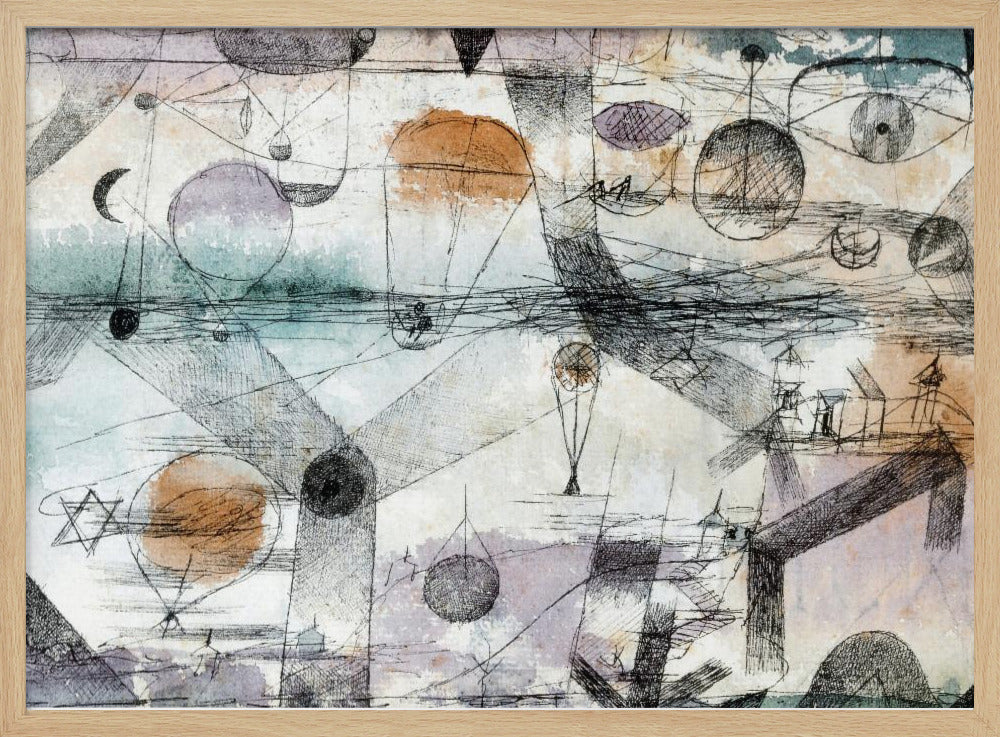 An abstract painting by Paul Klee featuring a complex composition of fine black lines, geometric shapes, and whimsical figures like balloons and boats. The background has subtle watercolor washes of pale orange, blue, and purple, creating a dreamlike and intricate scene within a silver frame. Artwork