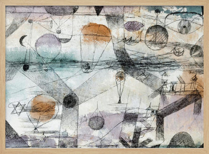 An abstract painting by Paul Klee featuring a complex composition of fine black lines, geometric shapes, and whimsical figures like balloons and boats. The background has subtle watercolor washes of pale orange, blue, and purple, creating a dreamlike and intricate scene within a silver frame. Artwork