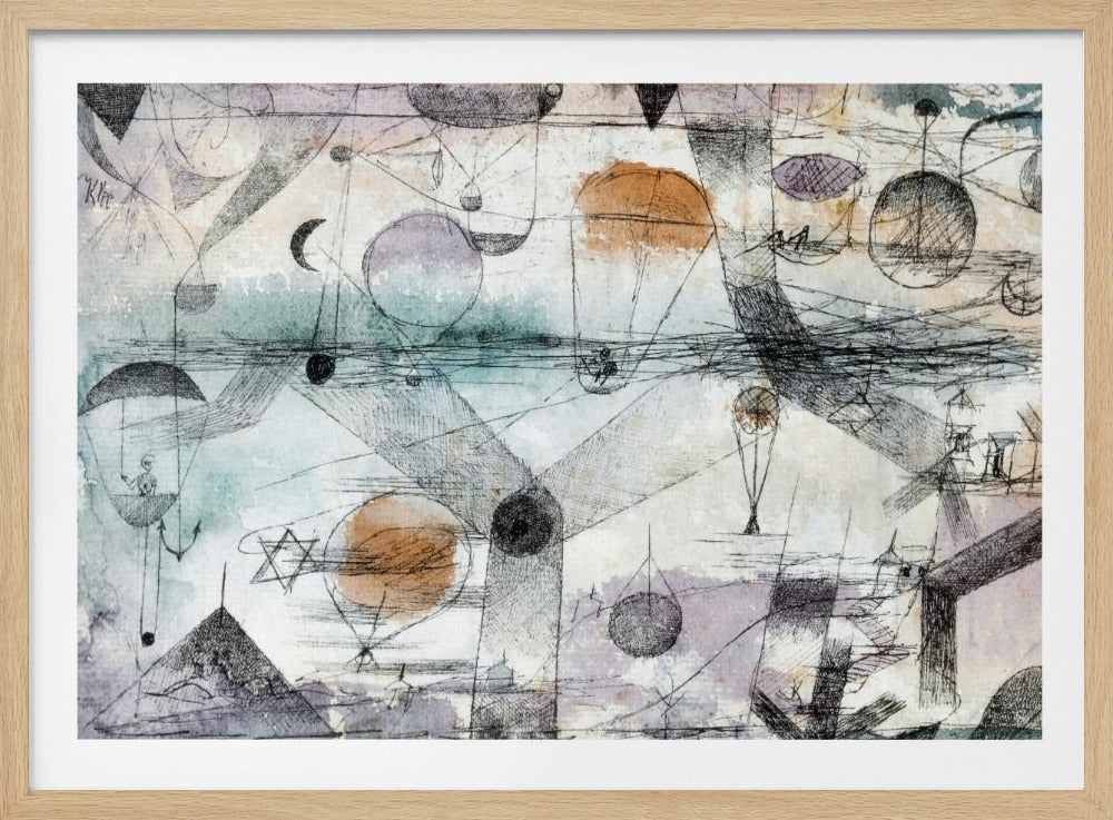 An abstract painting by Paul Klee featuring a complex composition of fine black lines, geometric shapes, and whimsical figures like balloons and boats. The background has subtle watercolor washes of pale orange, blue, and purple, creating a dreamlike and intricate scene within a silver frame. Artwork