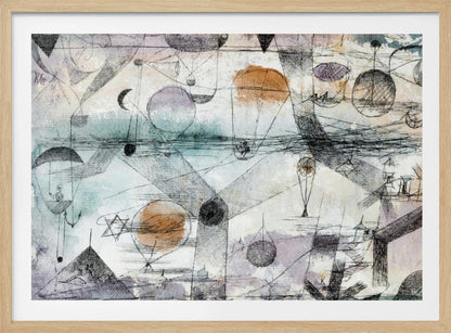 An abstract painting by Paul Klee featuring a complex composition of fine black lines, geometric shapes, and whimsical figures like balloons and boats. The background has subtle watercolor washes of pale orange, blue, and purple, creating a dreamlike and intricate scene within a silver frame. Artwork