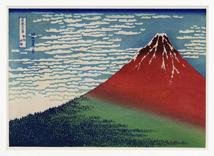A Japanese woodblock print, Hokusai's 'Fine Wind, Clear Morning', showing a large, reddish-brown Mount Fuji with snow at its peak. Below the mountain is a dense green forest, and above is a blue sky with rows of white, stylized clouds. Print