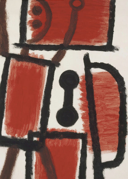 An abstract painting featuring bold, rough black lines that divide a white canvas into sections. Several large sections are filled with a vibrant, textured red paint. In the center is a distinct black dumbbell-like shape. Thinner brown lines cross through the composition, adding another layer to the dynamic, constructivist-style artwork. Print