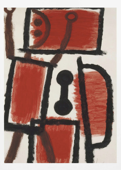 An abstract painting featuring bold, rough black lines that divide a white canvas into sections. Several large sections are filled with a vibrant, textured red paint. In the center is a distinct black dumbbell-like shape. Thinner brown lines cross through the composition, adding another layer to the dynamic, constructivist-style artwork. Print
