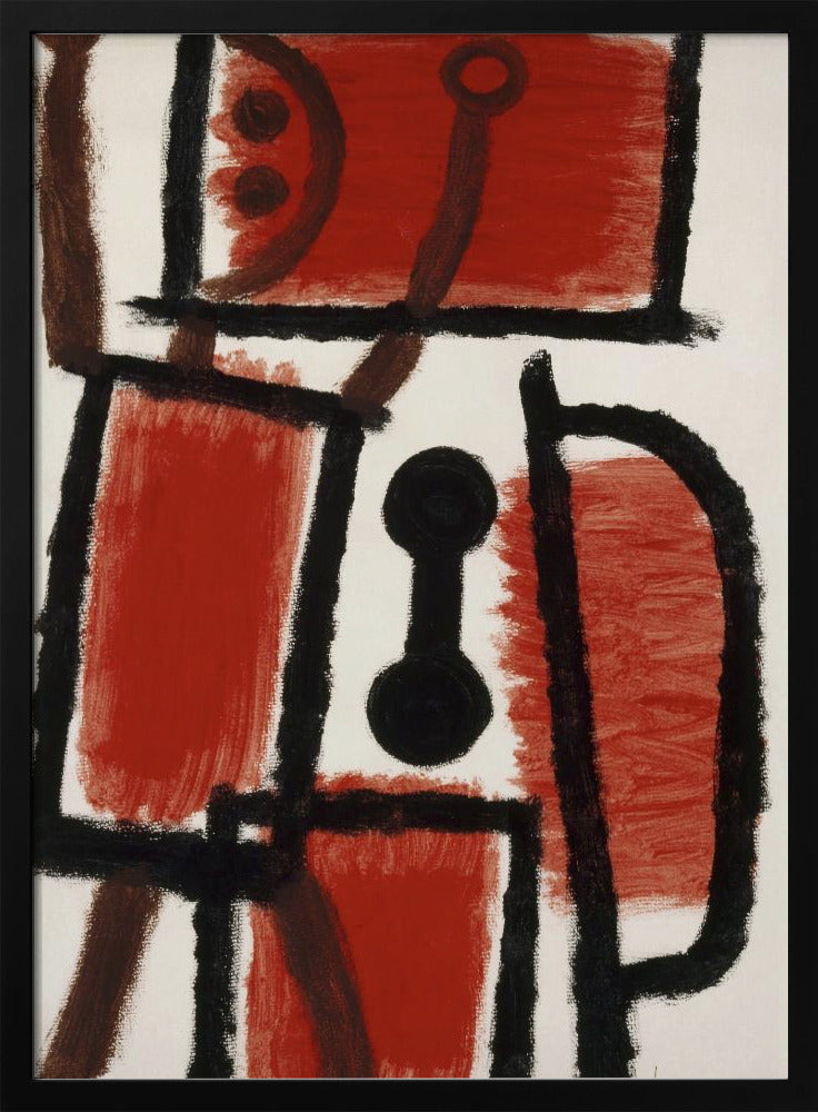 An abstract painting featuring bold, rough black lines that divide a white canvas into sections. Several large sections are filled with a vibrant, textured red paint. In the center is a distinct black dumbbell-like shape. Thinner brown lines cross through the composition, adding another layer to the dynamic, constructivist-style artwork. Print