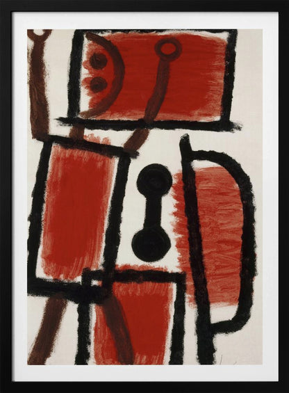 An abstract painting featuring bold, rough black lines that divide a white canvas into sections. Several large sections are filled with a vibrant, textured red paint. In the center is a distinct black dumbbell-like shape. Thinner brown lines cross through the composition, adding another layer to the dynamic, constructivist-style artwork. Print