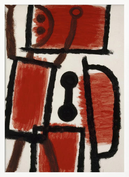 An abstract painting featuring bold, rough black lines that divide a white canvas into sections. Several large sections are filled with a vibrant, textured red paint. In the center is a distinct black dumbbell-like shape. Thinner brown lines cross through the composition, adding another layer to the dynamic, constructivist-style artwork. Print