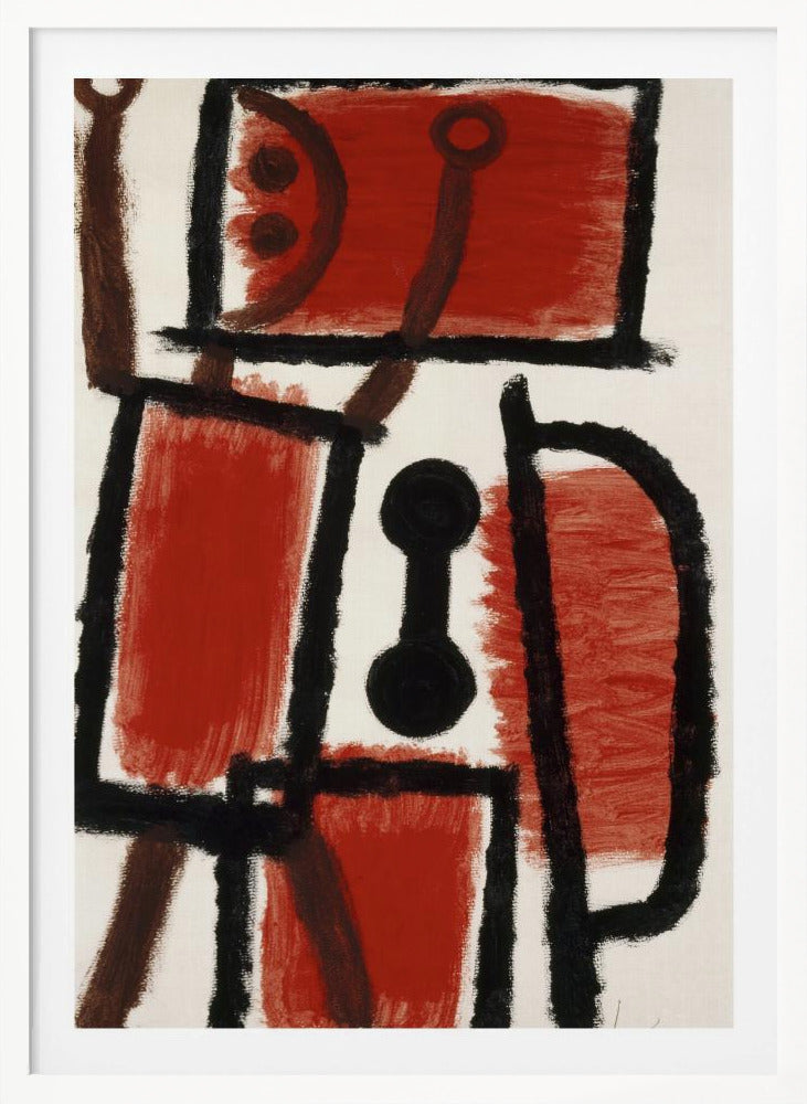 An abstract painting featuring bold, rough black lines that divide a white canvas into sections. Several large sections are filled with a vibrant, textured red paint. In the center is a distinct black dumbbell-like shape. Thinner brown lines cross through the composition, adding another layer to the dynamic, constructivist-style artwork. Print