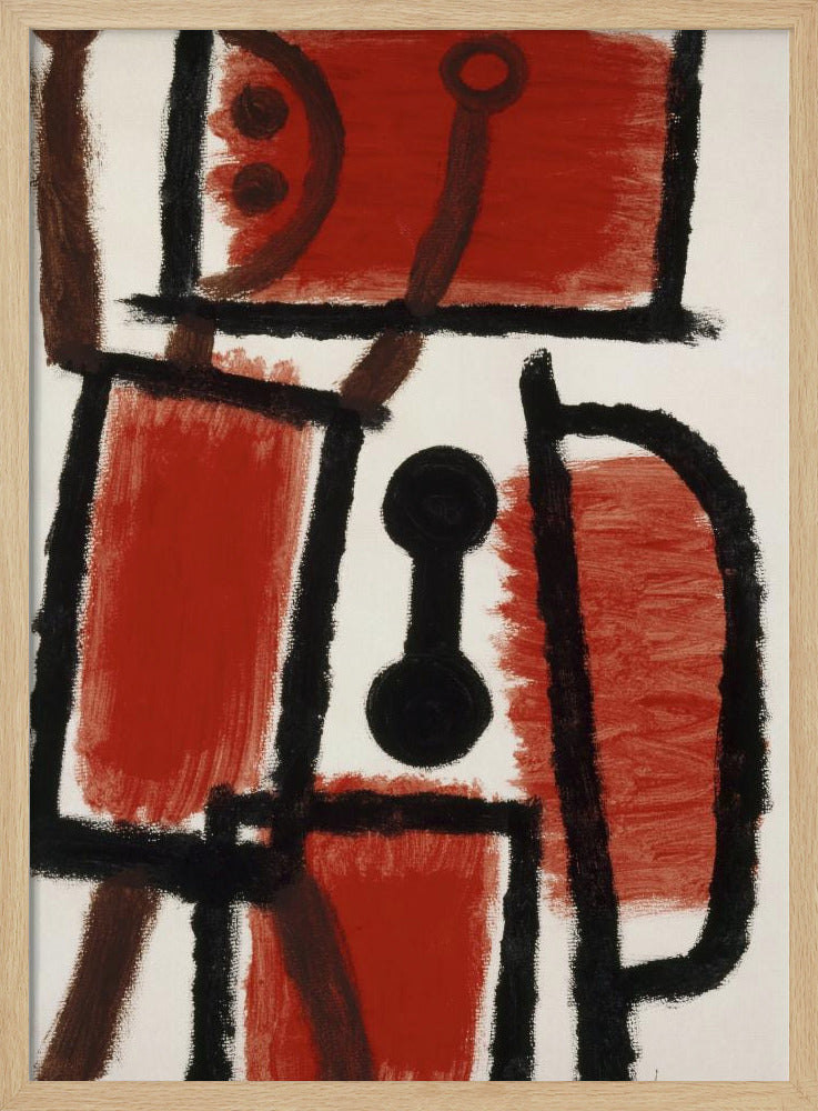 An abstract painting featuring bold, rough black lines that divide a white canvas into sections. Several large sections are filled with a vibrant, textured red paint. In the center is a distinct black dumbbell-like shape. Thinner brown lines cross through the composition, adding another layer to the dynamic, constructivist-style artwork. Print