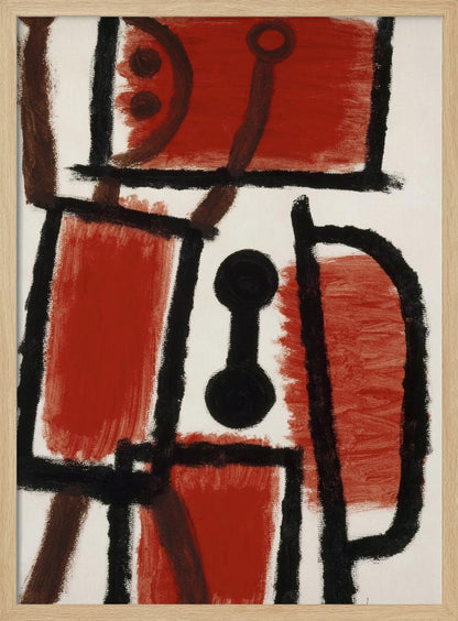 An abstract painting featuring bold, rough black lines that divide a white canvas into sections. Several large sections are filled with a vibrant, textured red paint. In the center is a distinct black dumbbell-like shape. Thinner brown lines cross through the composition, adding another layer to the dynamic, constructivist-style artwork. Print