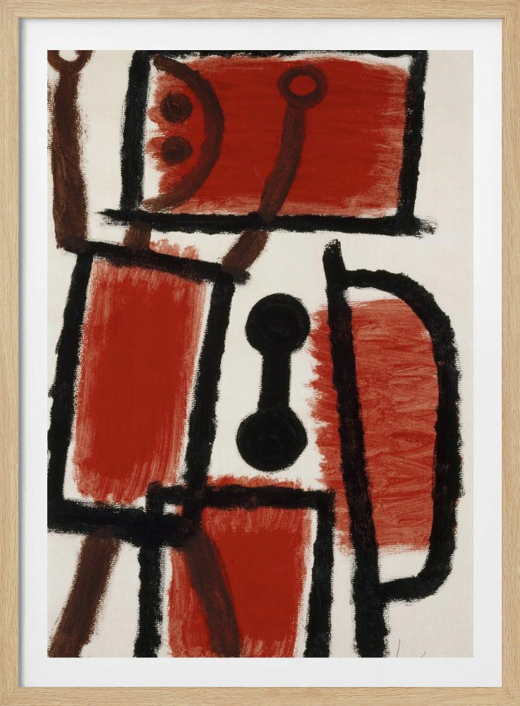 An abstract painting featuring bold, rough black lines that divide a white canvas into sections. Several large sections are filled with a vibrant, textured red paint. In the center is a distinct black dumbbell-like shape. Thinner brown lines cross through the composition, adding another layer to the dynamic, constructivist-style artwork. Print