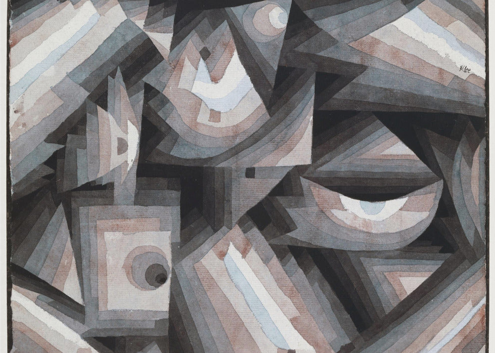 An abstract painting by Paul Klee, presented in a silver frame. The artwork features a dense composition of overlapping geometric shapes, including triangles, squares, and crescent forms. The color palette is muted, consisting primarily of shades of gray, black, and brown, with accents of pale blue and white. The shapes are filled with concentric bands of graduated color, creating a sense of depth and complex layering. Wall Art