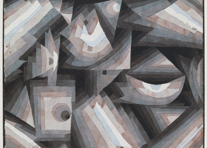 An abstract painting by Paul Klee, presented in a silver frame. The artwork features a dense composition of overlapping geometric shapes, including triangles, squares, and crescent forms. The color palette is muted, consisting primarily of shades of gray, black, and brown, with accents of pale blue and white. The shapes are filled with concentric bands of graduated color, creating a sense of depth and complex layering. Wall Art