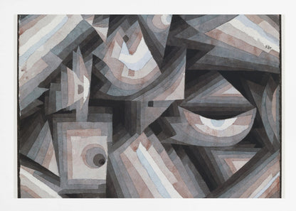 An abstract painting by Paul Klee, presented in a silver frame. The artwork features a dense composition of overlapping geometric shapes, including triangles, squares, and crescent forms. The color palette is muted, consisting primarily of shades of gray, black, and brown, with accents of pale blue and white. The shapes are filled with concentric bands of graduated color, creating a sense of depth and complex layering. Wall Art