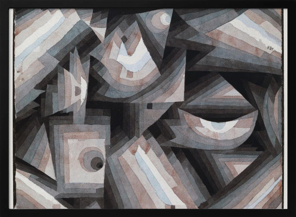 An abstract painting by Paul Klee, presented in a silver frame. The artwork features a dense composition of overlapping geometric shapes, including triangles, squares, and crescent forms. The color palette is muted, consisting primarily of shades of gray, black, and brown, with accents of pale blue and white. The shapes are filled with concentric bands of graduated color, creating a sense of depth and complex layering. Wall Art