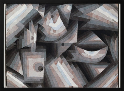 An abstract painting by Paul Klee, presented in a silver frame. The artwork features a dense composition of overlapping geometric shapes, including triangles, squares, and crescent forms. The color palette is muted, consisting primarily of shades of gray, black, and brown, with accents of pale blue and white. The shapes are filled with concentric bands of graduated color, creating a sense of depth and complex layering. Wall Art