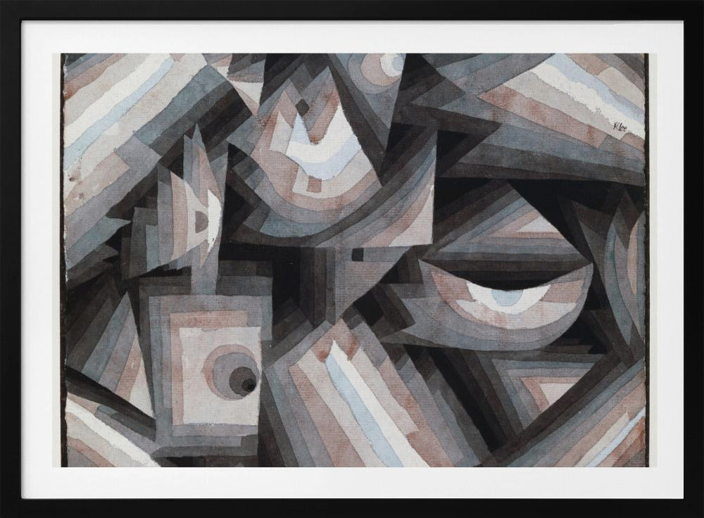 An abstract painting by Paul Klee, presented in a silver frame. The artwork features a dense composition of overlapping geometric shapes, including triangles, squares, and crescent forms. The color palette is muted, consisting primarily of shades of gray, black, and brown, with accents of pale blue and white. The shapes are filled with concentric bands of graduated color, creating a sense of depth and complex layering. Wall Art