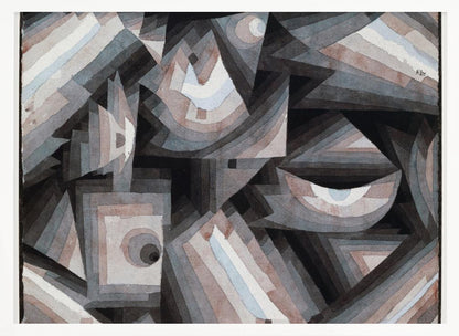 An abstract painting by Paul Klee, presented in a silver frame. The artwork features a dense composition of overlapping geometric shapes, including triangles, squares, and crescent forms. The color palette is muted, consisting primarily of shades of gray, black, and brown, with accents of pale blue and white. The shapes are filled with concentric bands of graduated color, creating a sense of depth and complex layering. Wall Art