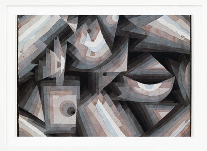 An abstract painting by Paul Klee, presented in a silver frame. The artwork features a dense composition of overlapping geometric shapes, including triangles, squares, and crescent forms. The color palette is muted, consisting primarily of shades of gray, black, and brown, with accents of pale blue and white. The shapes are filled with concentric bands of graduated color, creating a sense of depth and complex layering. Wall Art