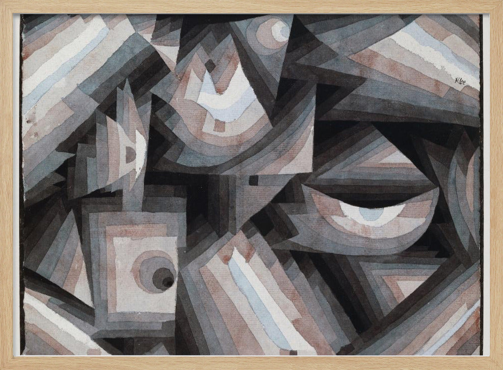 An abstract painting by Paul Klee, presented in a silver frame. The artwork features a dense composition of overlapping geometric shapes, including triangles, squares, and crescent forms. The color palette is muted, consisting primarily of shades of gray, black, and brown, with accents of pale blue and white. The shapes are filled with concentric bands of graduated color, creating a sense of depth and complex layering. Wall Art