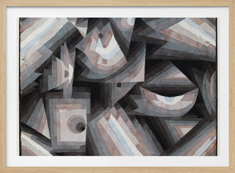 An abstract painting by Paul Klee, presented in a silver frame. The artwork features a dense composition of overlapping geometric shapes, including triangles, squares, and crescent forms. The color palette is muted, consisting primarily of shades of gray, black, and brown, with accents of pale blue and white. The shapes are filled with concentric bands of graduated color, creating a sense of depth and complex layering. Wall Art