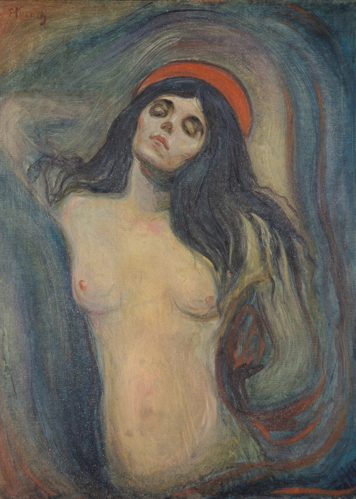 An expressionist painting of a woman, 'Madonna' by Edvard Munch. The woman is shown from the chest up, nude, with long dark hair. Her head is tilted back, eyes closed in a state of ecstasy, and she wears a red halo. The background is a swirling mix of dark blues, purples, and greens. Print