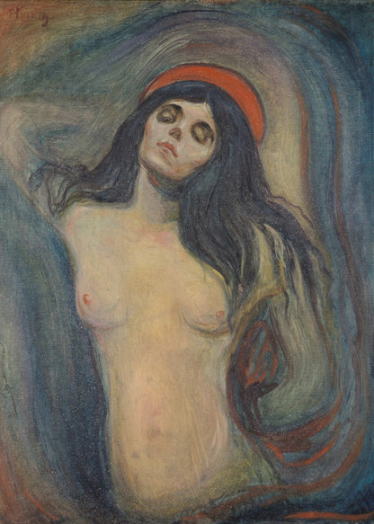 An expressionist painting of a woman, 'Madonna' by Edvard Munch. The woman is shown from the chest up, nude, with long dark hair. Her head is tilted back, eyes closed in a state of ecstasy, and she wears a red halo. The background is a swirling mix of dark blues, purples, and greens. Print