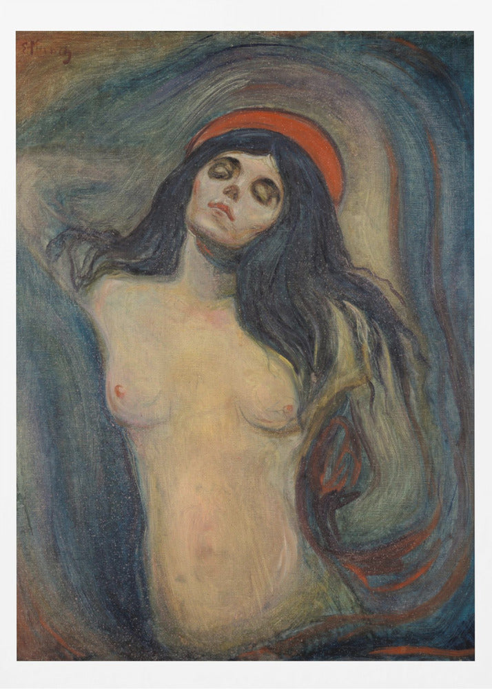 An expressionist painting of a woman, 'Madonna' by Edvard Munch. The woman is shown from the chest up, nude, with long dark hair. Her head is tilted back, eyes closed in a state of ecstasy, and she wears a red halo. The background is a swirling mix of dark blues, purples, and greens. Print