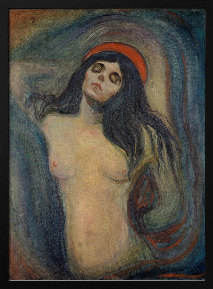 An expressionist painting of a woman, 'Madonna' by Edvard Munch. The woman is shown from the chest up, nude, with long dark hair. Her head is tilted back, eyes closed in a state of ecstasy, and she wears a red halo. The background is a swirling mix of dark blues, purples, and greens. Print
