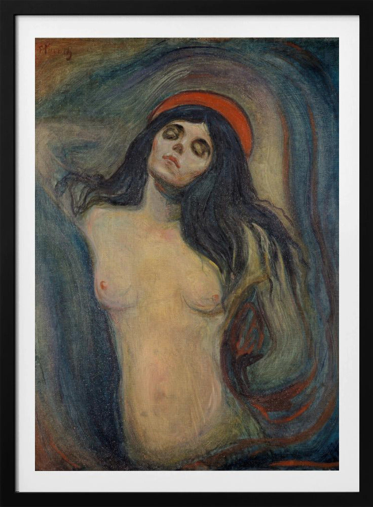 An expressionist painting of a woman, 'Madonna' by Edvard Munch. The woman is shown from the chest up, nude, with long dark hair. Her head is tilted back, eyes closed in a state of ecstasy, and she wears a red halo. The background is a swirling mix of dark blues, purples, and greens. Print