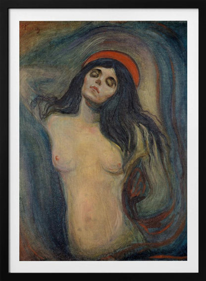 An expressionist painting of a woman, 'Madonna' by Edvard Munch. The woman is shown from the chest up, nude, with long dark hair. Her head is tilted back, eyes closed in a state of ecstasy, and she wears a red halo. The background is a swirling mix of dark blues, purples, and greens. Print