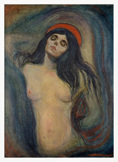 An expressionist painting of a woman, 'Madonna' by Edvard Munch. The woman is shown from the chest up, nude, with long dark hair. Her head is tilted back, eyes closed in a state of ecstasy, and she wears a red halo. The background is a swirling mix of dark blues, purples, and greens. Print